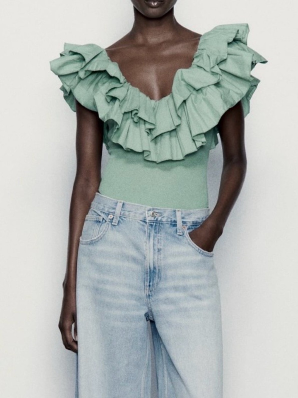 NWT Zara Sea Green Ruffle Boho Blouse Bodysuit size Medium